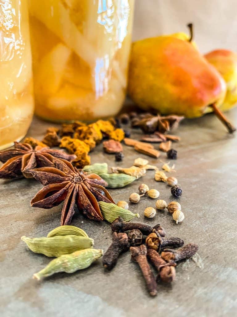 Canned spiced pears with loose chai tea. 