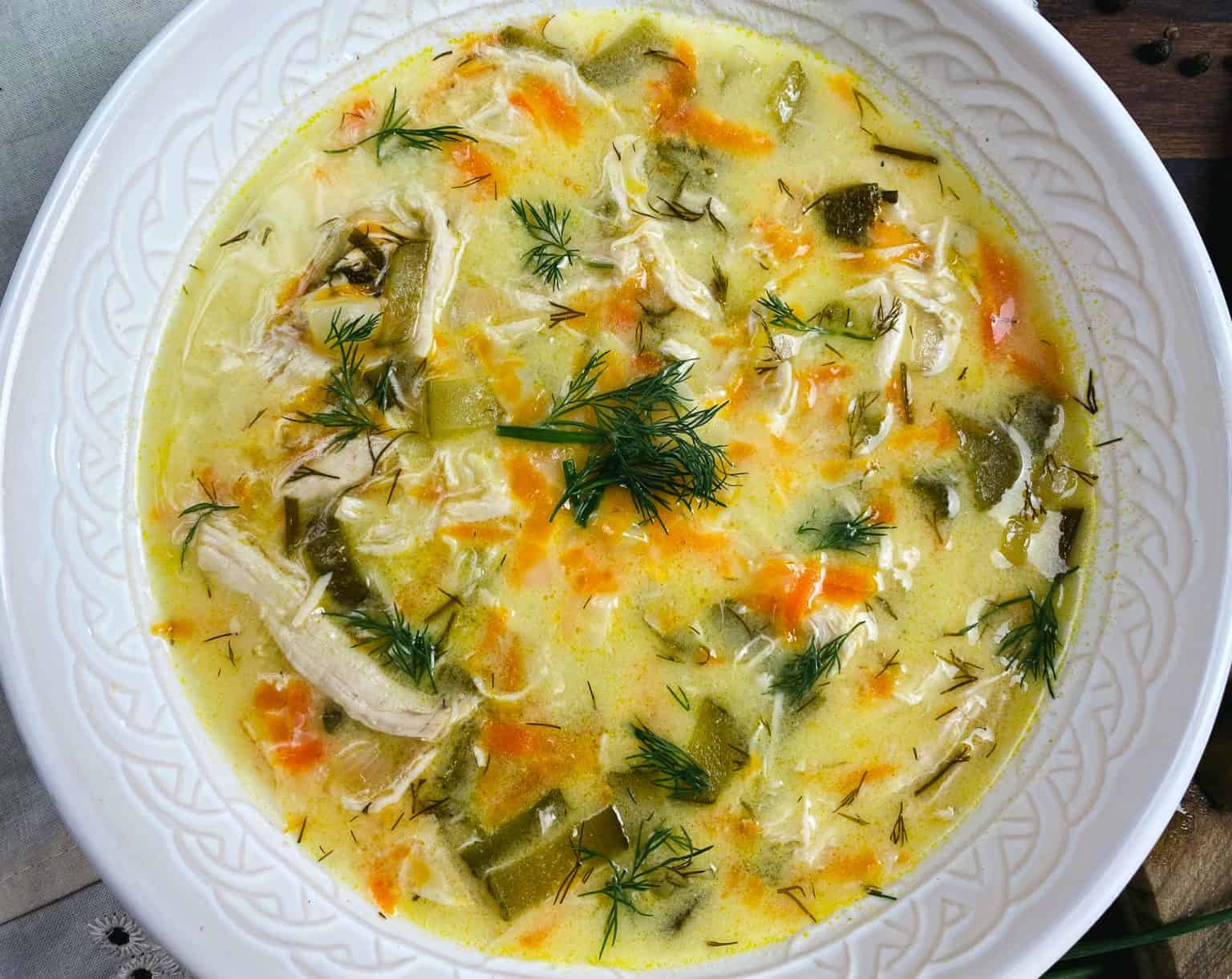 Dill Pickle Soup with Shredded Chicken Zupa Ogórkowa