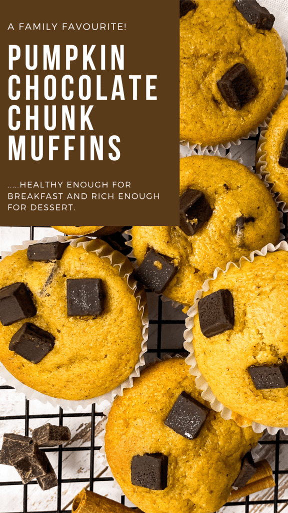 Pinterest image showing pumpkin chocolate chunk muffins.
