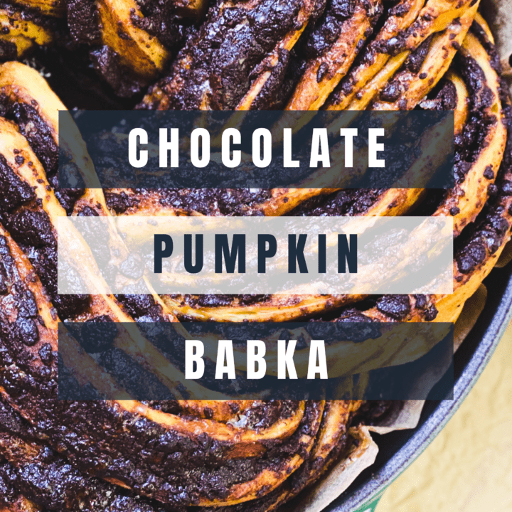Overhead view of Chocolate Pumpkin Babka cooked in a cast iron pan.