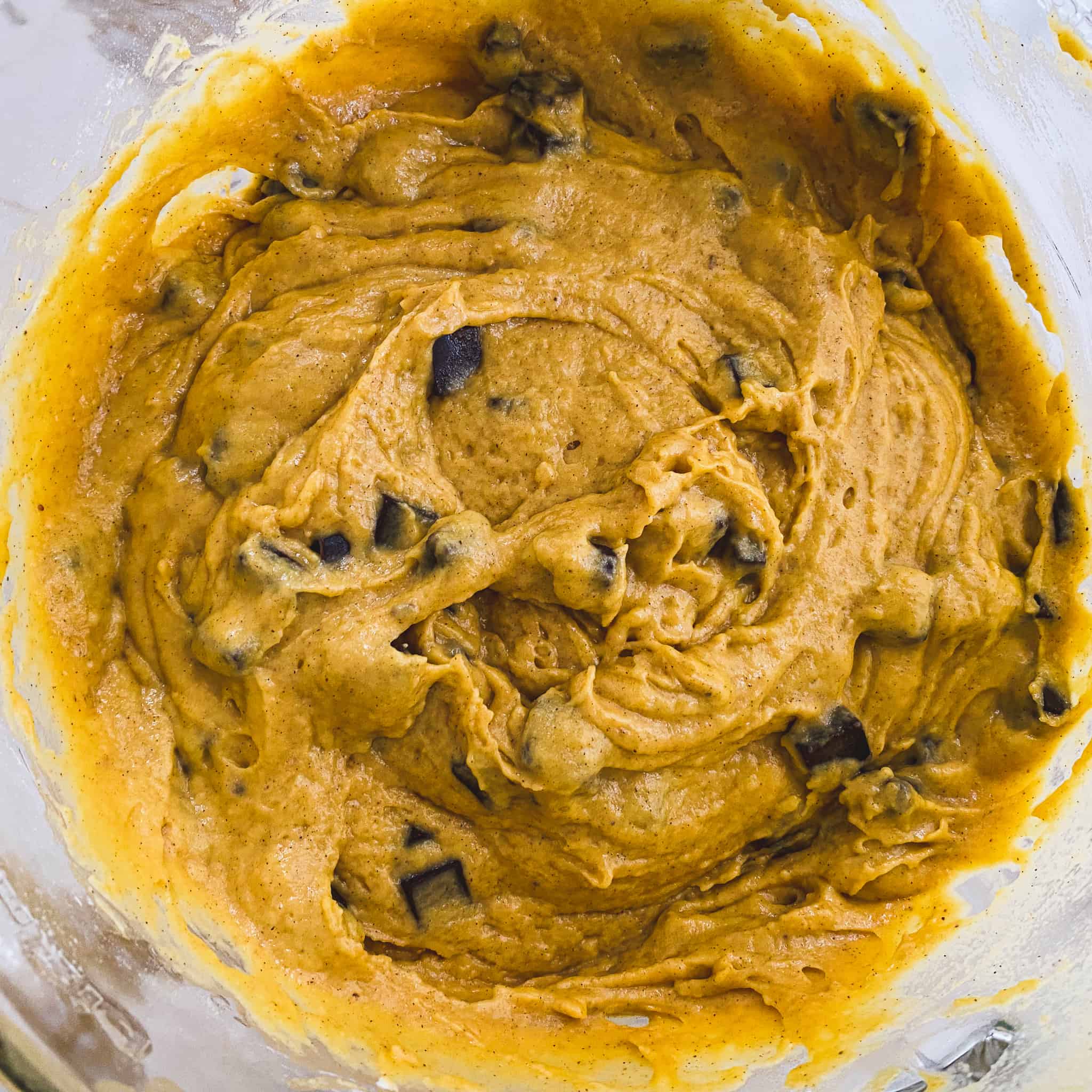 Completed pumpkin chocolate chunk muffin batter.