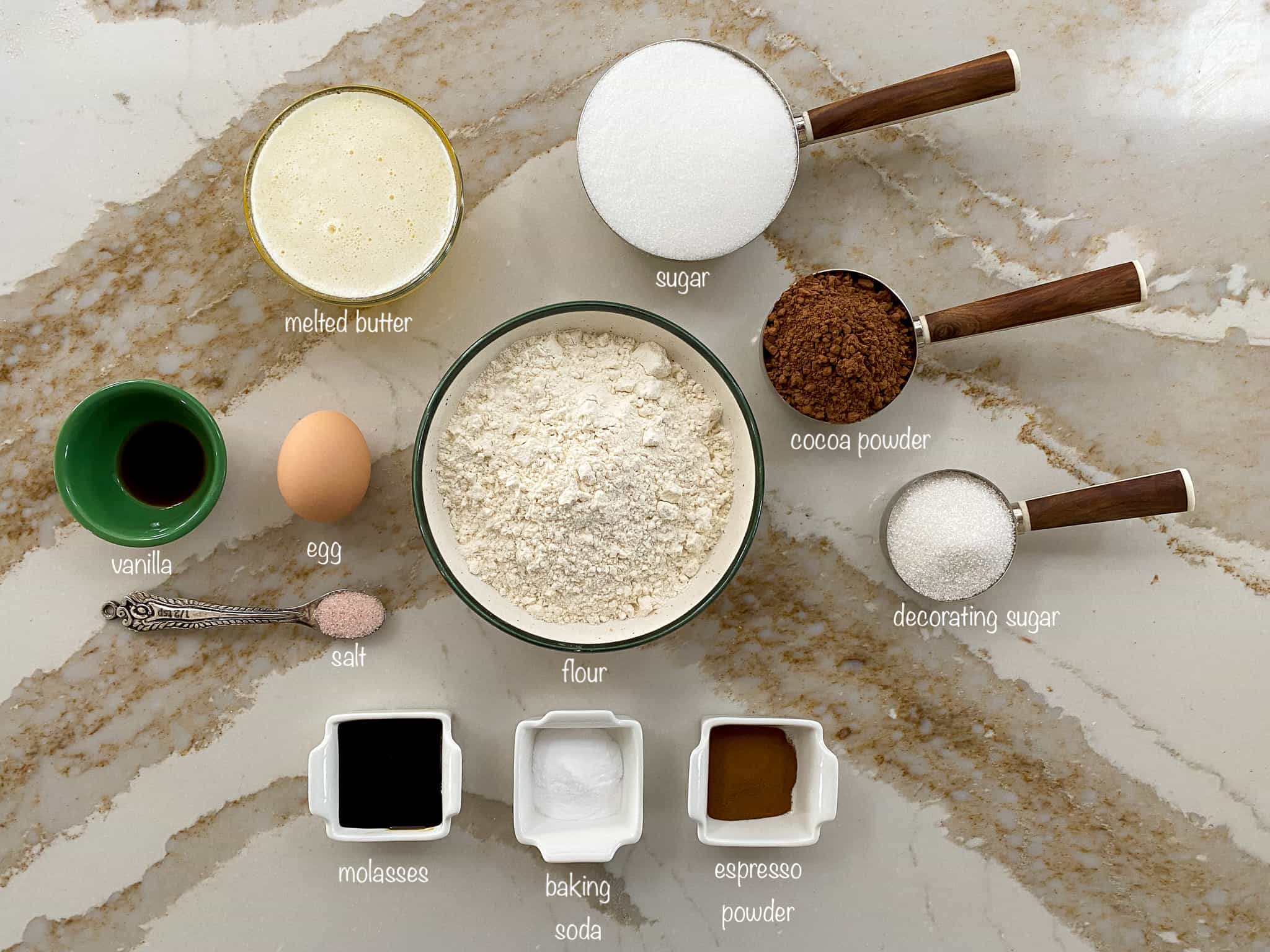 Overhead view of ingredients for espresso cookies.