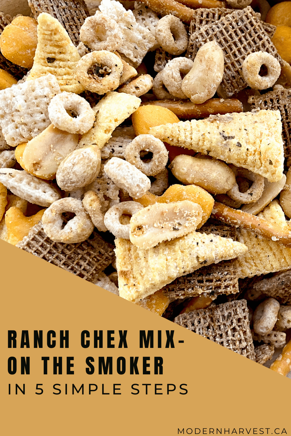 Pinterest image showing the chex mix ingredients.