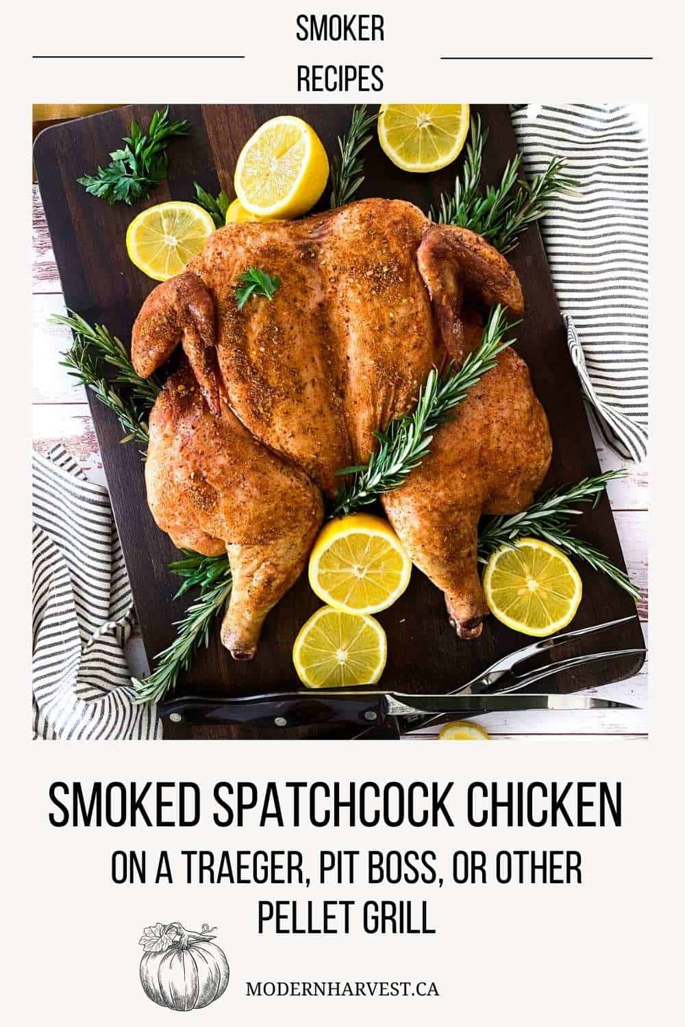 Smoked Spatchcock Chicken Pinterest pin showing the chicken cooked and garnished with lemons and herbs.