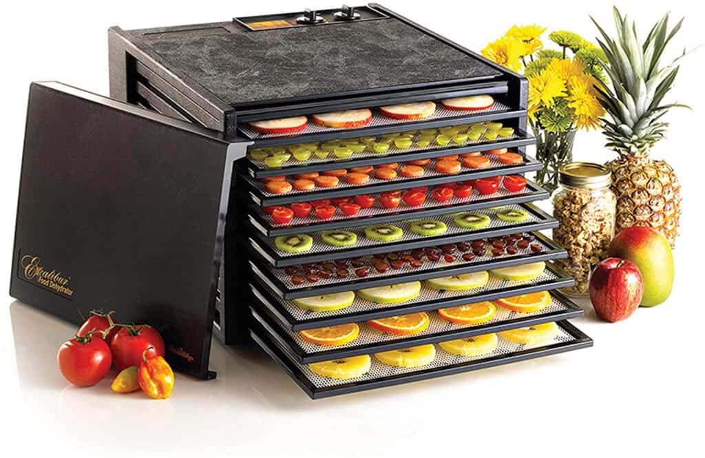Excalibur 9 tray dehydrator filled with fruits.