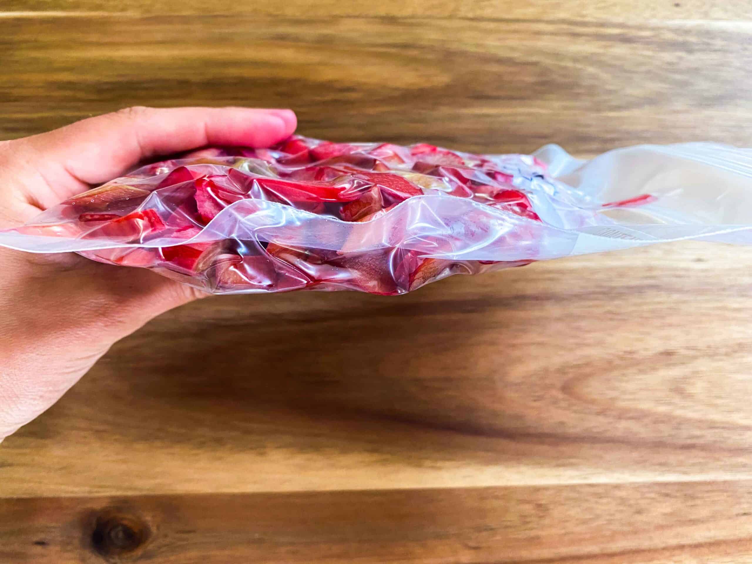 Frozen rhubarb in a ziploc bag.