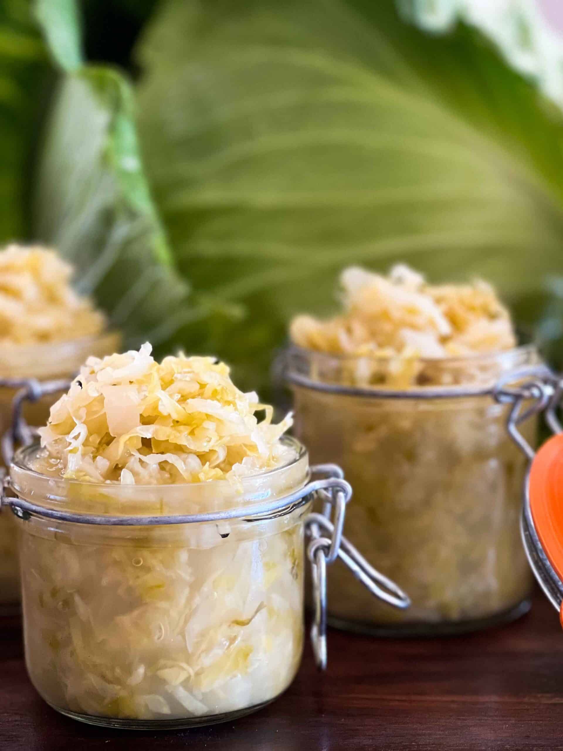 Raw Sauerkraut in Weck jars on a marble slab with cabbage in the background.