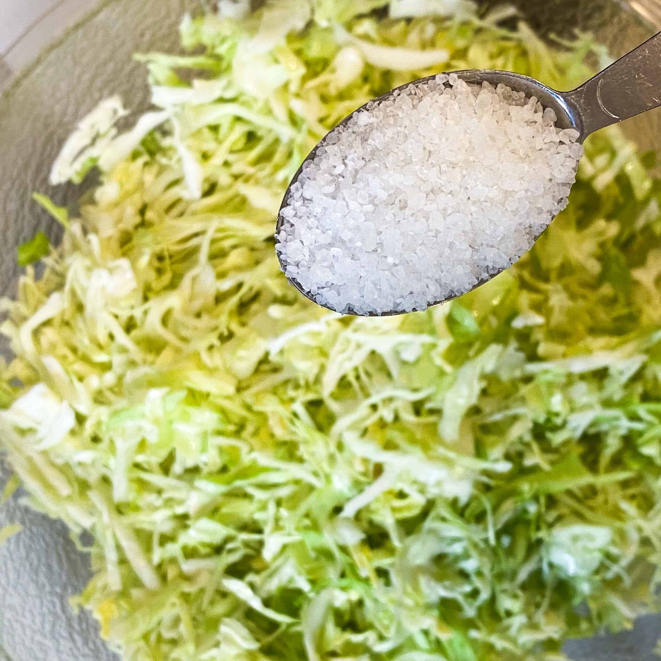 Coarse pickling salt in a tablespoon ready to be poured over shredded cabbage.