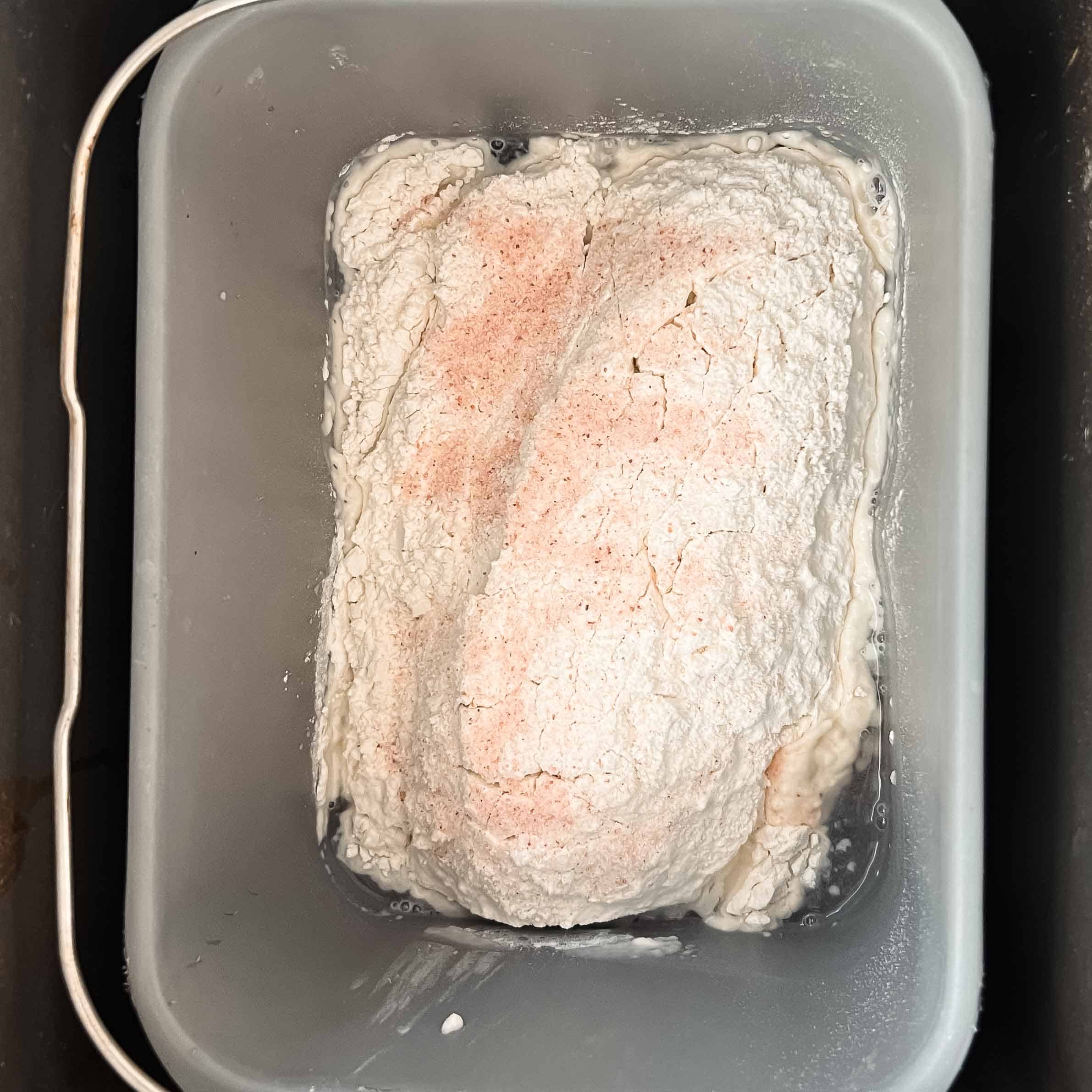 Sourdough ingredients in a bread machine pan without yeast and with pink sea salt sprinkled on top.