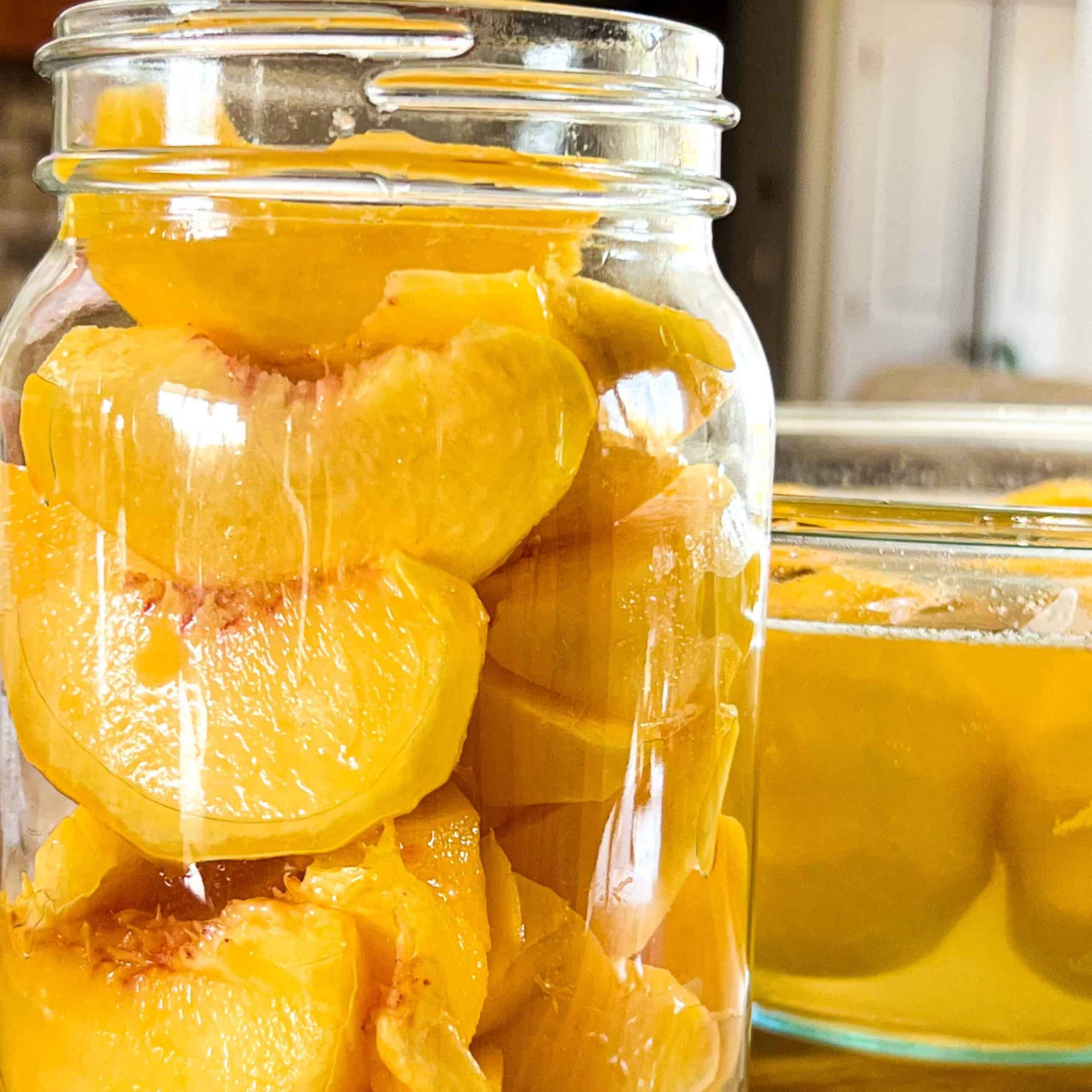 Jar filled to fill line with fresh peaches ready to have hot syrup ladled overtop and canned.