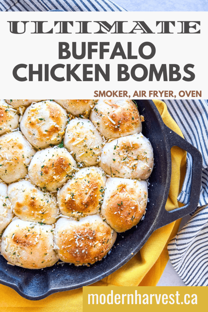 Buffalo chicken bombs in a cast iron skillet with a yellow linen napkin underneath.