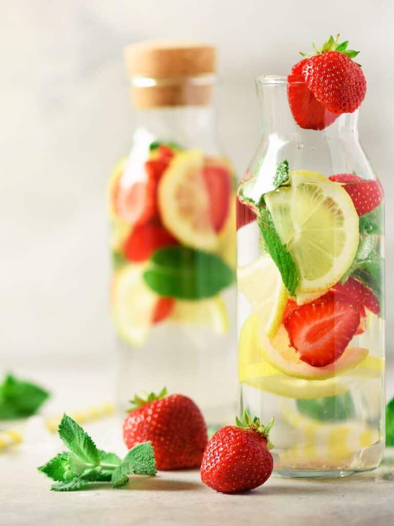 Two water bottles filled with ice, lemons, and sliced strawberries.