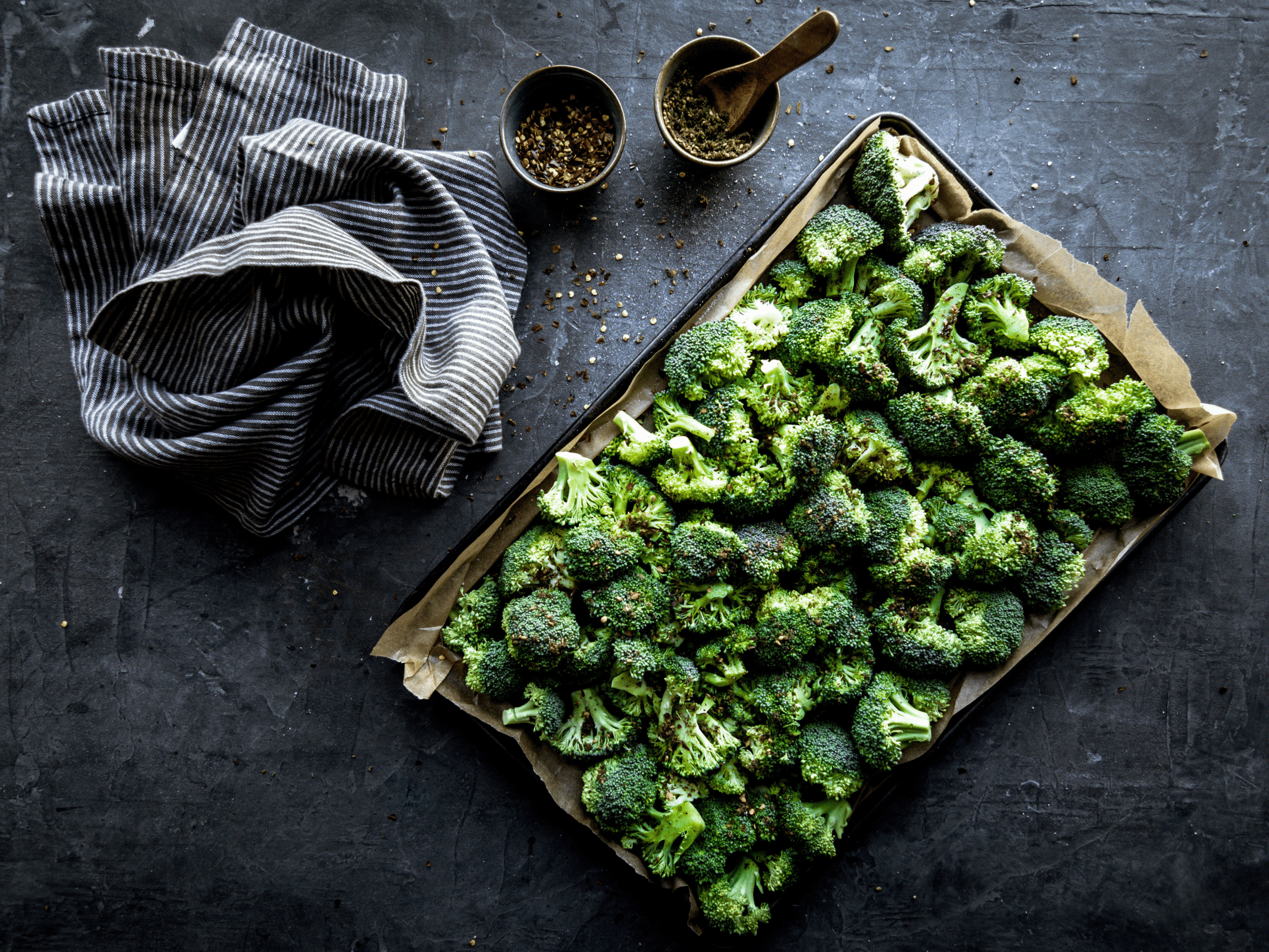 Broccoli on a sheet pan.