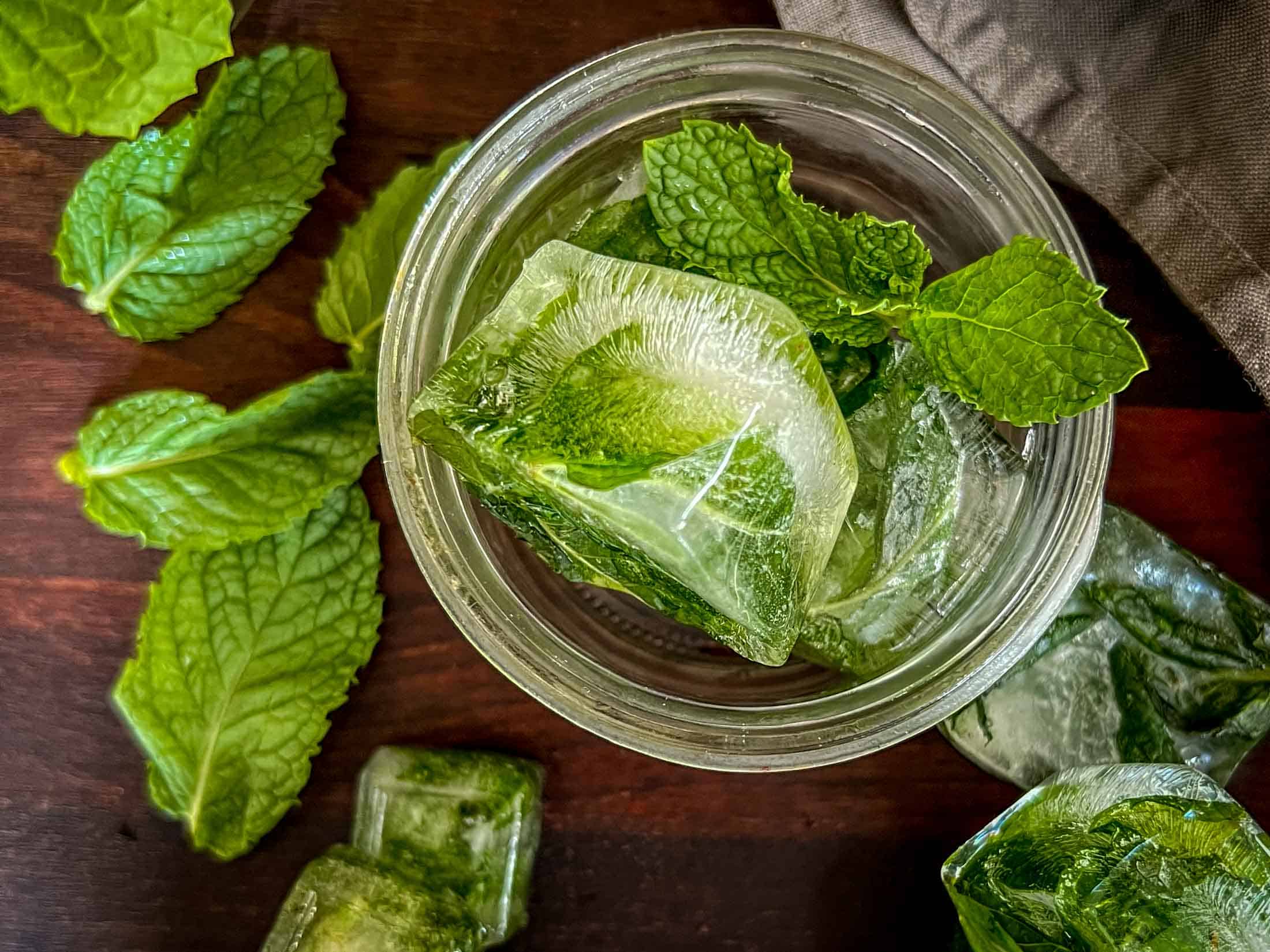Frozen mint in ice cubes, with whole mint leaves frozen and chopped mint leaves frozen.