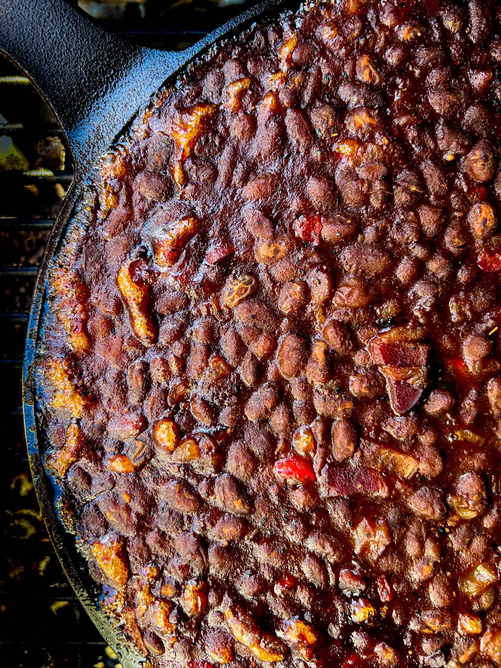 Close up image of pellet grill baked beans.