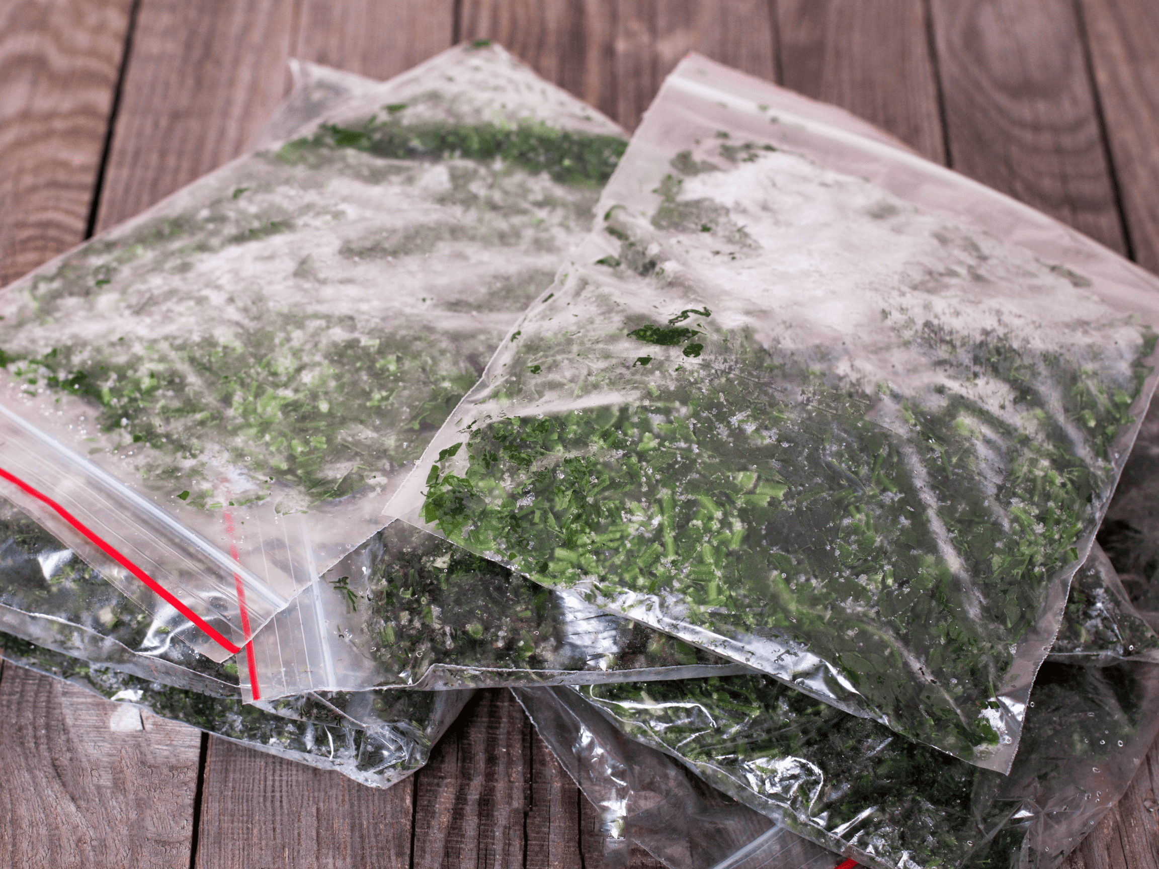 Frozen parsley in a zip top bag.