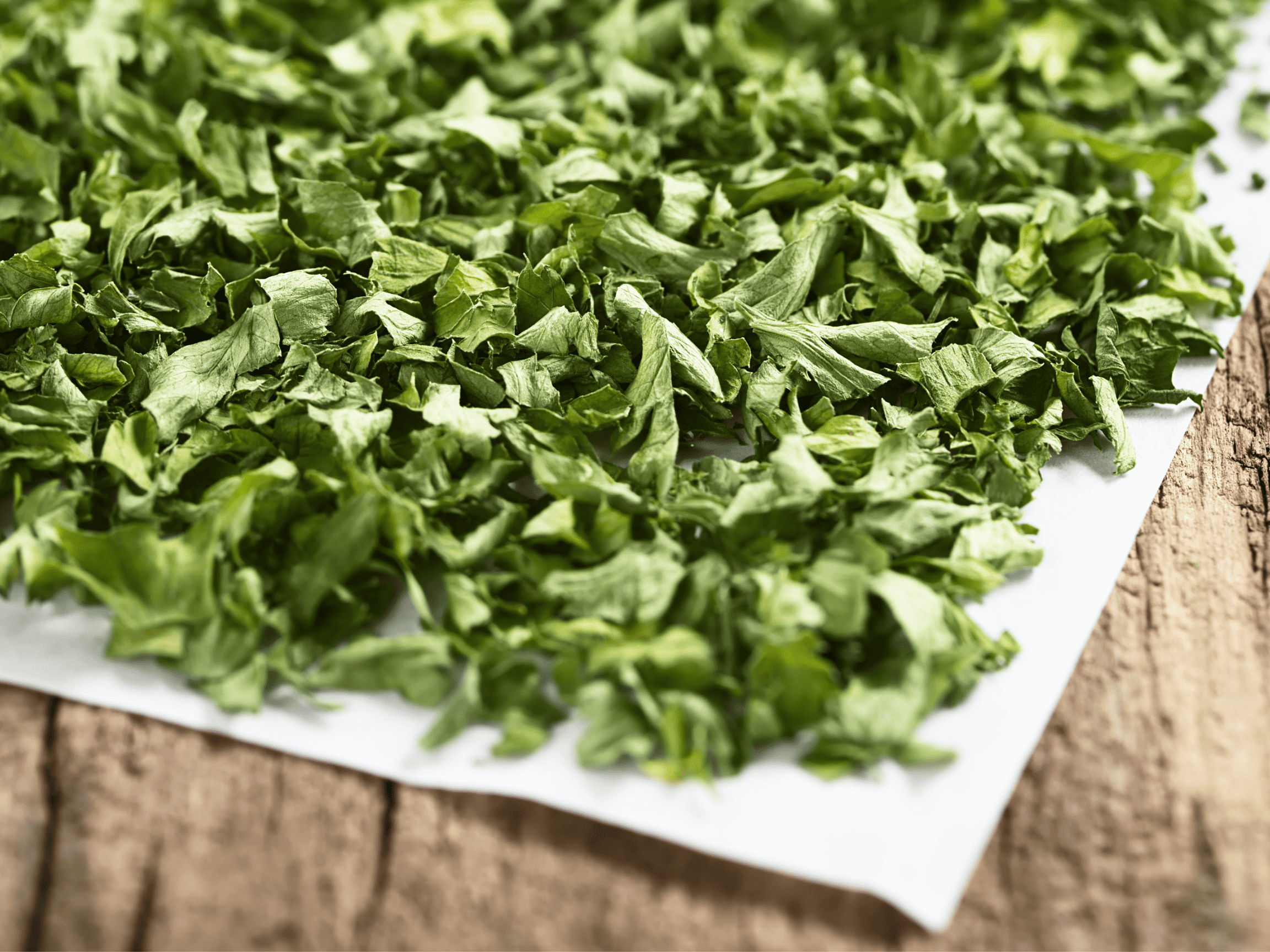 Dehydrated parsley on a white plate.