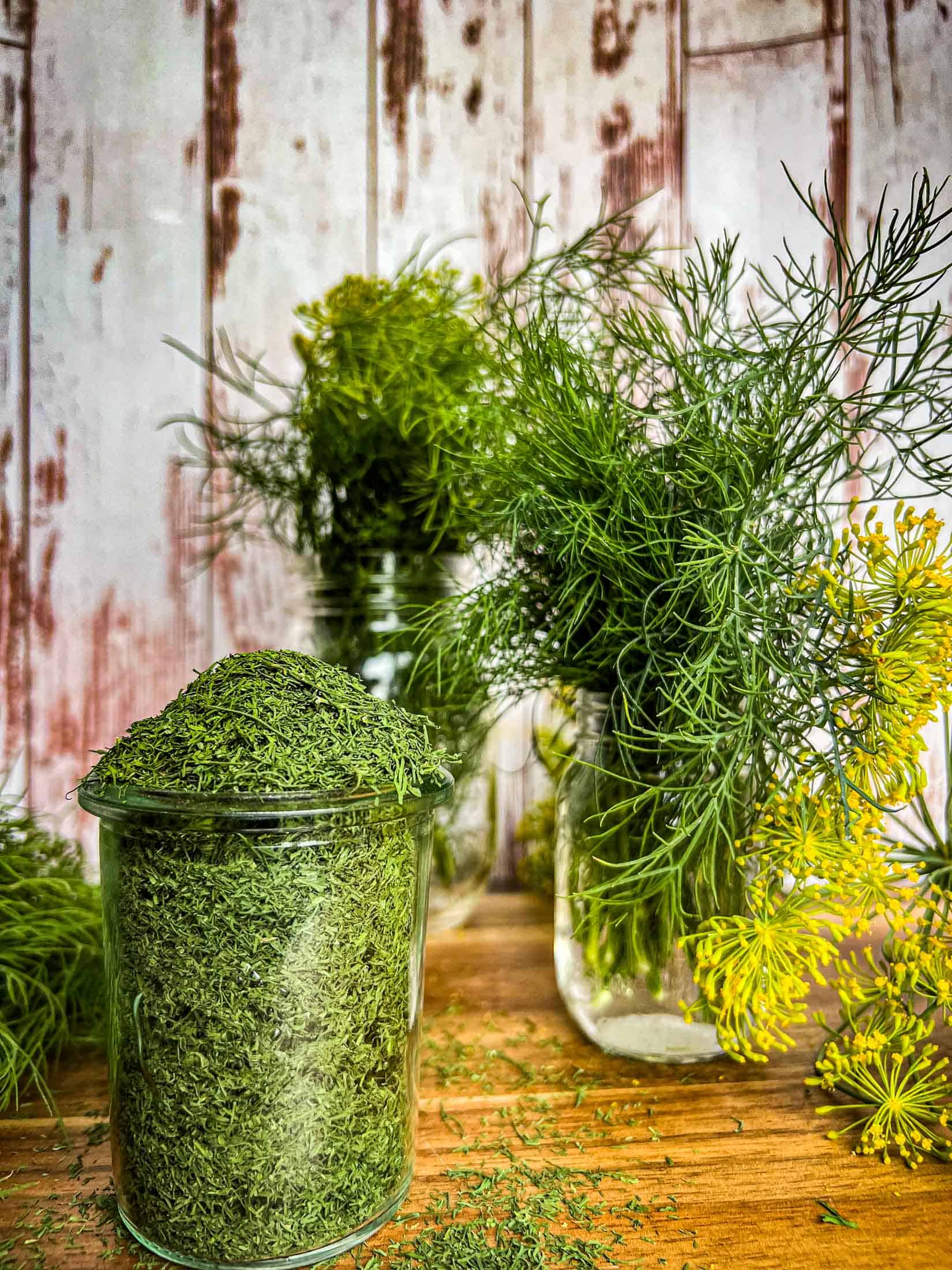 Dried dill spilling out of a glass jar on a wooden board with dill flowers and fresh dill sprigs.