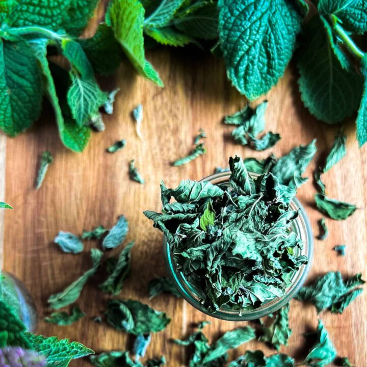 Dried mint leaves on a wooden cutting board with fresh mint leaves in the foreground.