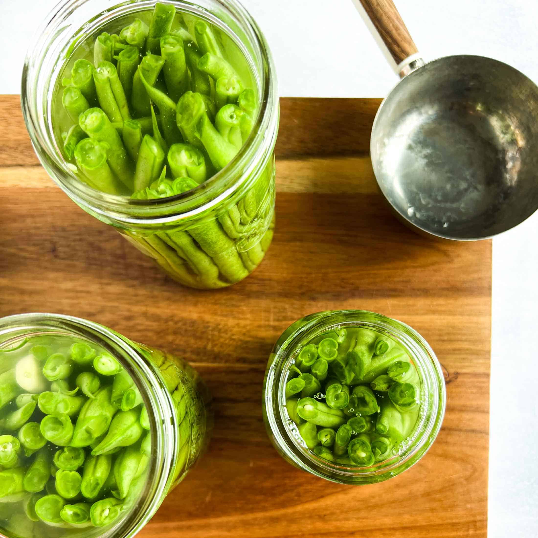 Green beans arranged in mason jars with brine poured overtop.