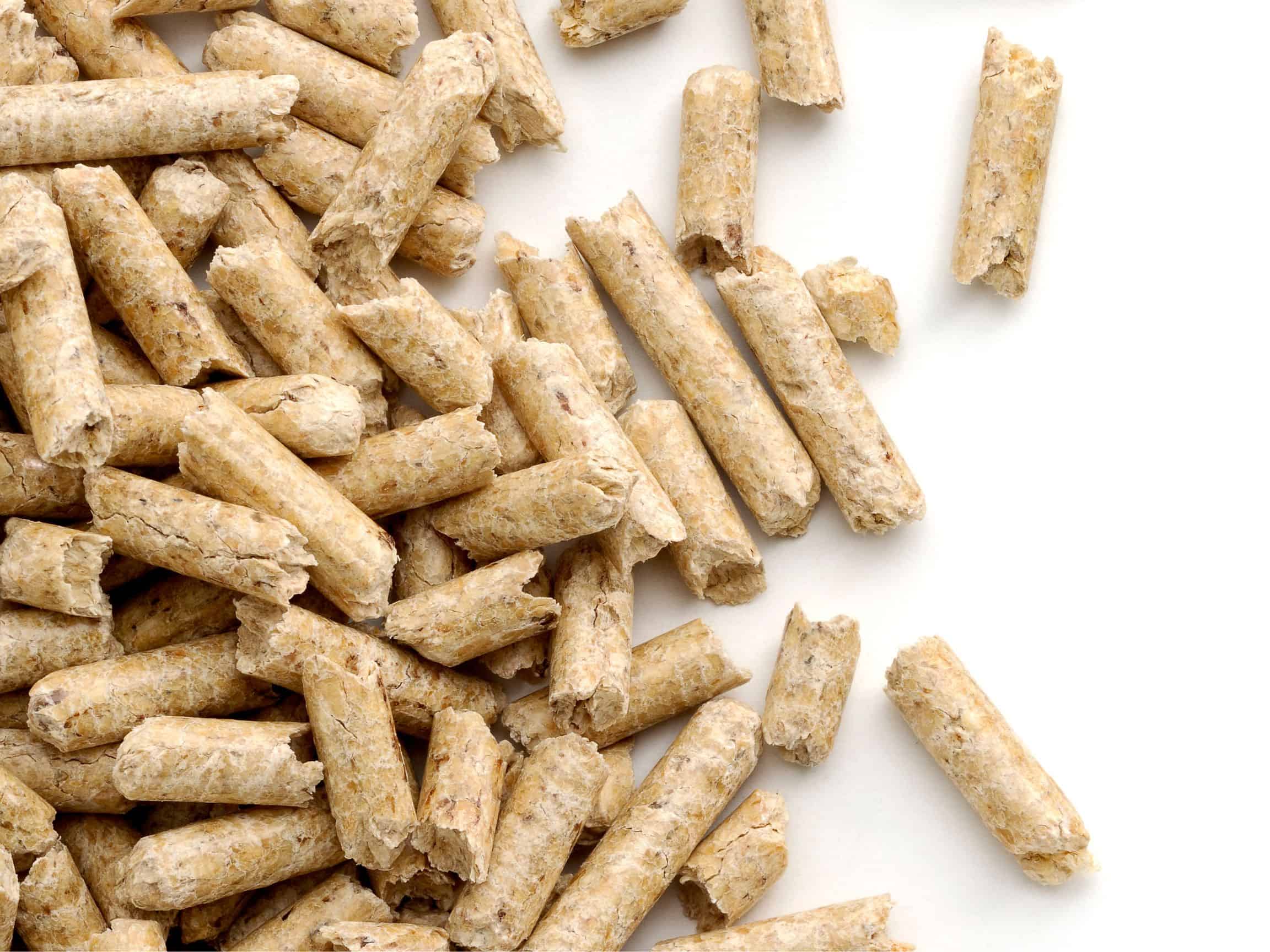 Wood pellets for a pellet smoker on a white backdrop.