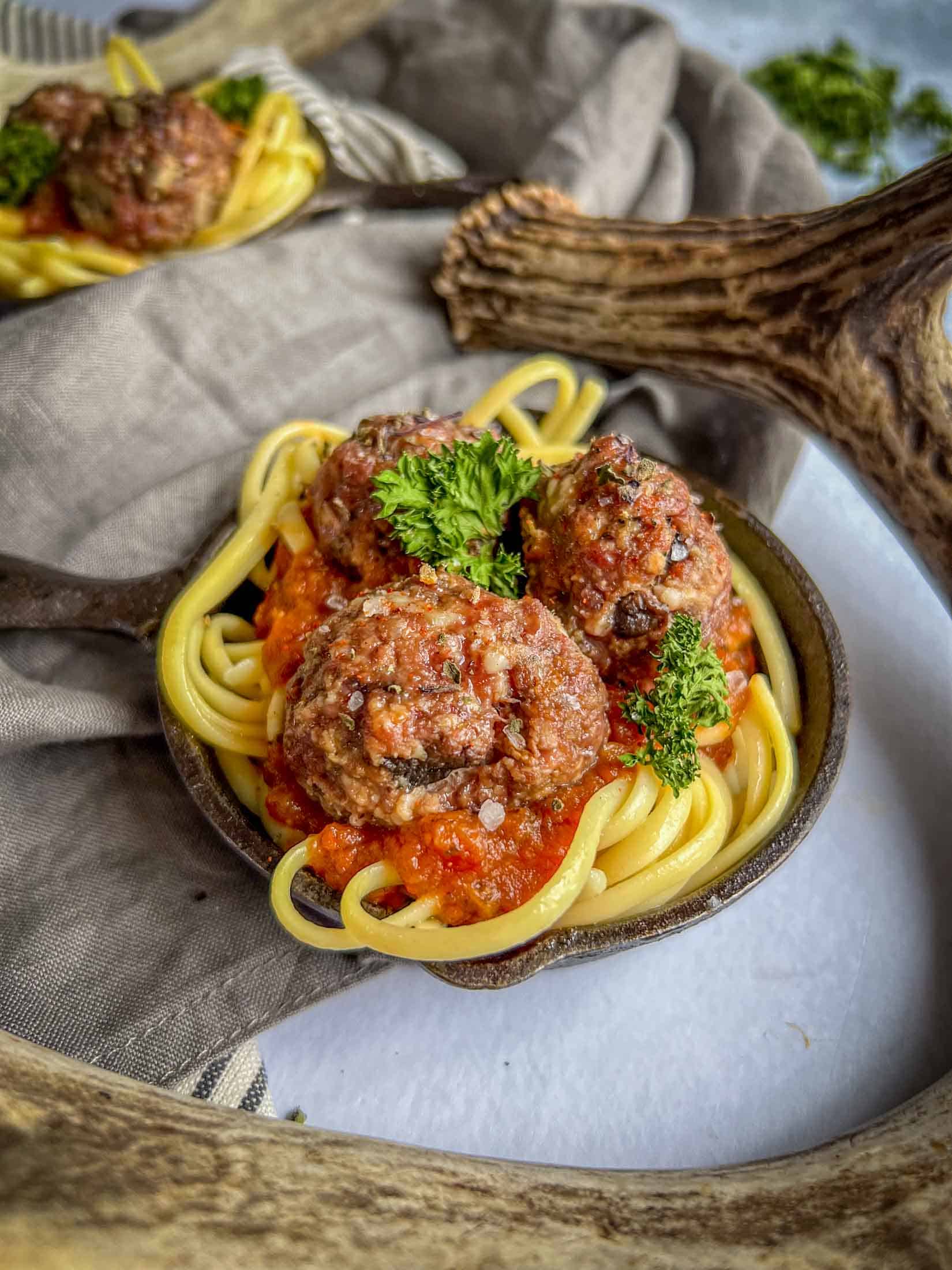 Two venison meatballs nestled into noodles with marinara sauce and parsley garnishing the top.
